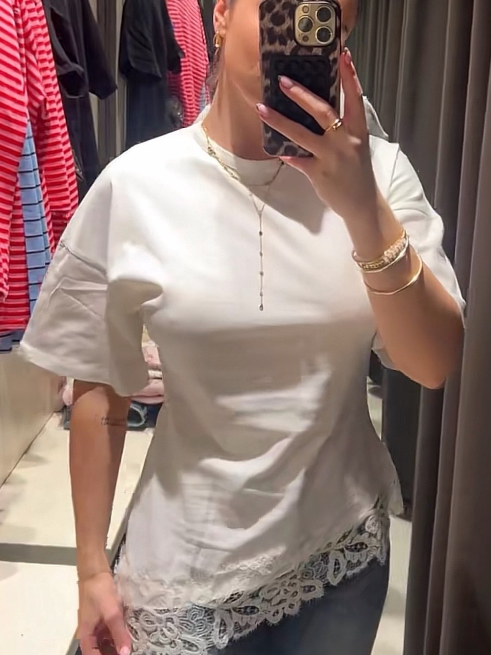 Zara White Short Sleeve Top with Lace Hem